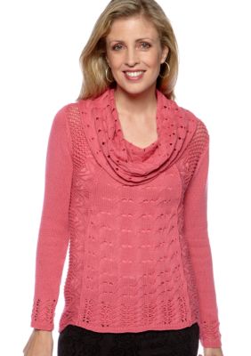 Skye's the Limit Winter Garden Cowl Neck Cable Sweater