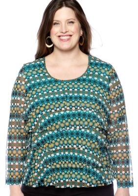 Skye's the Limit Plus Size Elegant Explorer Printed Ruffle Knit Top