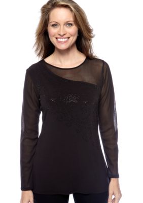 Skye's the Limit Petite Essential Embroidered Jersey and Mesh Top