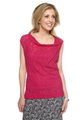 Skye's the Limit Petite Pop Art Asymmetrical Cowl Neck Lace Top