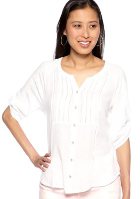 Lace Pintuck Button Down Top with Roll Tab Sleeves