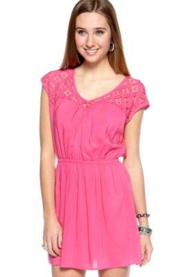 Red Camel Cap Sleeve Lace Trim Dress