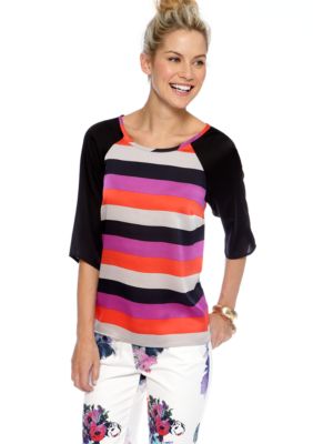 CYNTHIA Cynthia Rowley Three Quarter Raglan Sleeve Stripe Top
