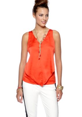 CYNTHIA Cynthia Rowley Solid V-Neck Ruffle Front Sleeveless Woven Top