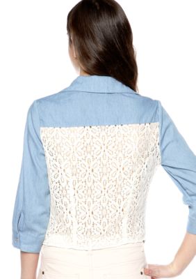 Red Camel Lace Back Tie Front Denim Shirt