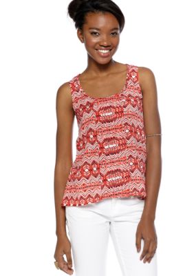 Red Camel Pin Tuck Crochet Back Sleeveless Top