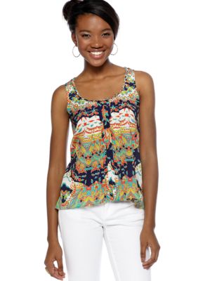 Red Camel Pin Tuck Crochet Back Sleeveless Top
