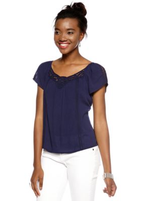 Red Camel Crochet Trim Peasant Top