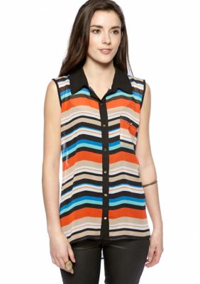 Grass Sleeveless Stripe Button Front Shirt