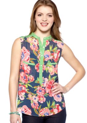 Chord Sleeveless Floral Shirt with Pleats