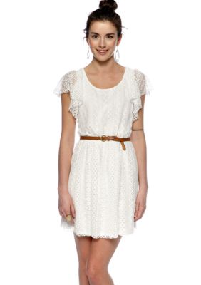 Chord Flutter Sleeve Belted Lace Dress