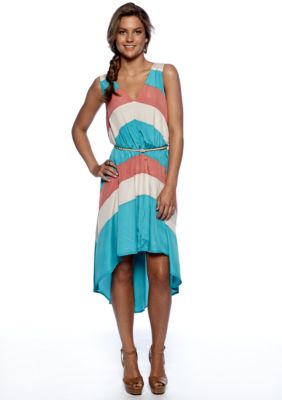 Chord Belted Color Block Dress with High Low Hem