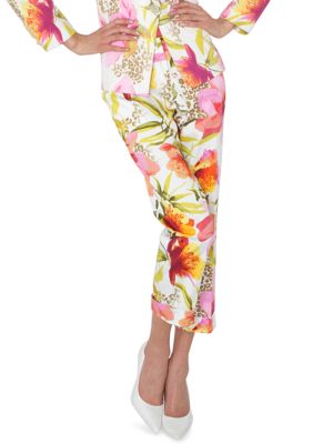 Isaac Mizrahi New York Animal Floral Print Stretch Sateen Cuffed Crop Pant