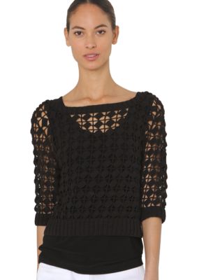 Isaac Mizrahi New York Crochet Sweater with Three Quarter Sleeves