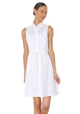 Isaac Mizrahi New York Eyelet Button Down Dress with Ribbon Bow