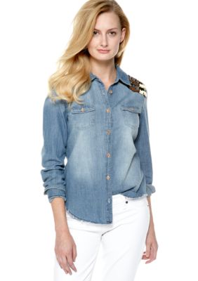 Miss Me Sportswear Embellished Shoulder Long Sleeve Denim Shirt