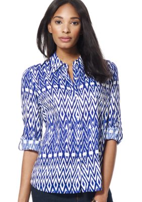 Jones New York Signature Printed Roll Sleeve Blouse