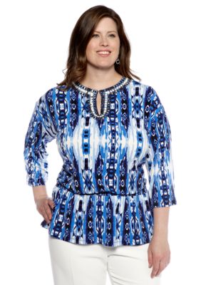 Jones New York Signature Plus Size Tunic with Embellished Split Neckline