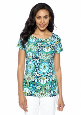 Jones New York Signature Print Cap Sleeve Ballet Neck Top