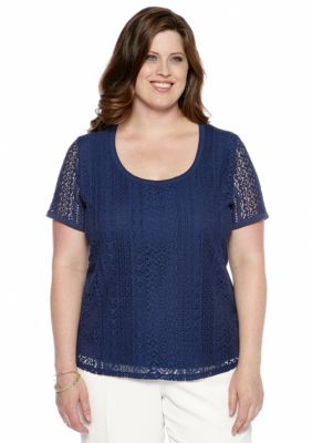 Jones New York Signature Plus Size Scoop Neck Lace Front Top