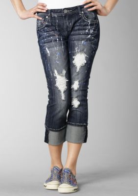 Almost Famous 5 Pocket Paint Splatter Destructed Crop