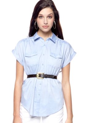 Almost Famous Lace Placket Belted Chambray Shirt