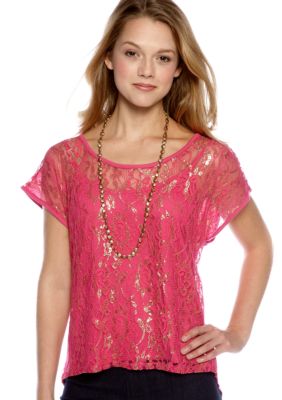 Almost Famous Cap Sleeved Hi-Lo Lurex Lace Front Tee 