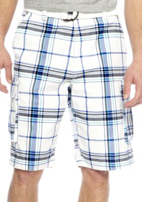 Plugg Aden Belted Printed Plaid Twill Cargo Shorts