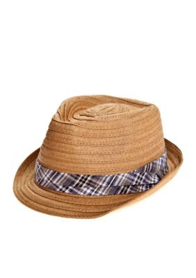 Saddlebred Straw Fedora with Blue Plaid Ribbon