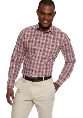 MADE Cam Newton Big & Tall Coral Bay Plaid Long Sleeve Woven Shirt