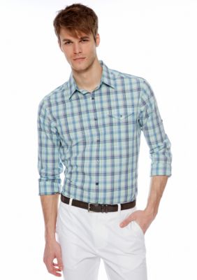 MADE Cam Newton Artist Aqua Plaid Woven Shirt