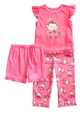 Little Me Happy Monkey Applique 3-piece Pajama Set Toddler Girls