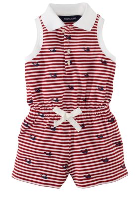Ralph Lauren Childrenswear Striped Schiffli Embroidered Romper