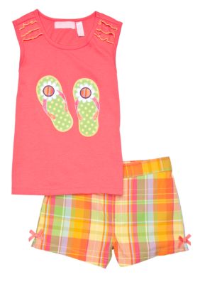 Kids Headquarters Flip Flop Plaid Short Set Toddler Girls