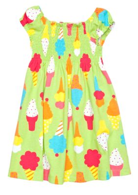 J Khaki Smocked Ice cream Printed Dress Toddler Girls