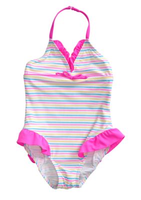 J Khaki Striped 1-Piece Swimsuit Toddler Girls