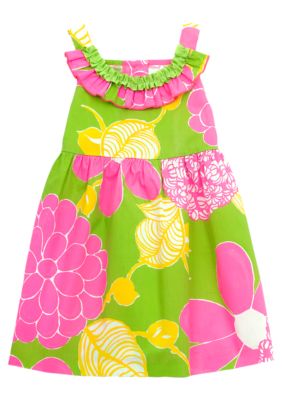 Rare Editions Green and Pink Floral Dress Toddler Girls