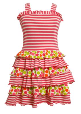 Bonnie Jean Stripe and Dot Knit Tiered Dress Girls 4-6X