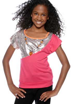 One Step Up Sequin Color Block Necklace Top Girls 7-16