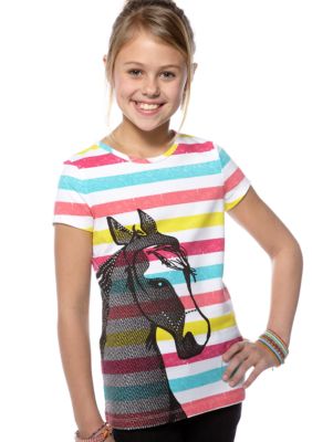 J Khaki Horse Stripe Tee Girls 7-16