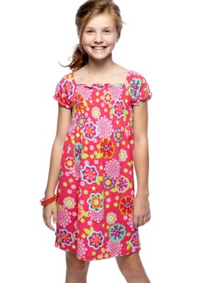J Khaki Smocked Floral Print Knit Dress Girls 7-16