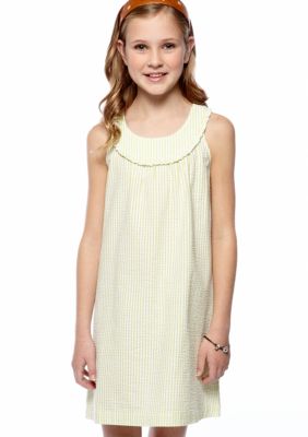 J Khaki Seersucker U-Neck Dress Girls 7-16