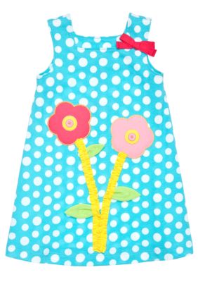 J Khaki Dot Dress with Flower Appliques Girls 4-6X