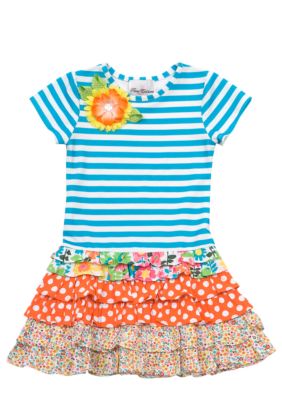 Rare Editions Turquoise Multi Stripe Dropwaist Dress Girls 4-6X
