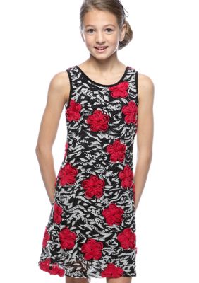 Rare Editions Flower Soutache Zebra Dress Girls 7-16
