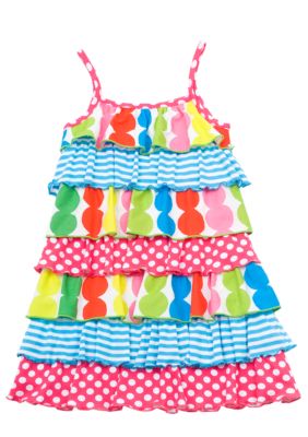 Rare Editions Tiered Dot and Stripe Dress Girls 4-6X