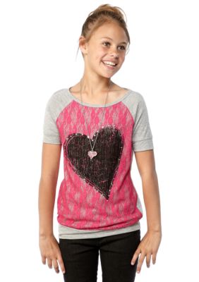 Beautees Heart Raglan Necklace Top Girls 7-16