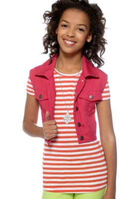 Beautees Stripe 2-fer Vest and Top Set Girls 7-16