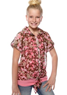 Beautees Camo Tie Front Shirt Girls 7-16