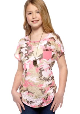 Beautees Camo Owl Necklace Tee Girls 7-16